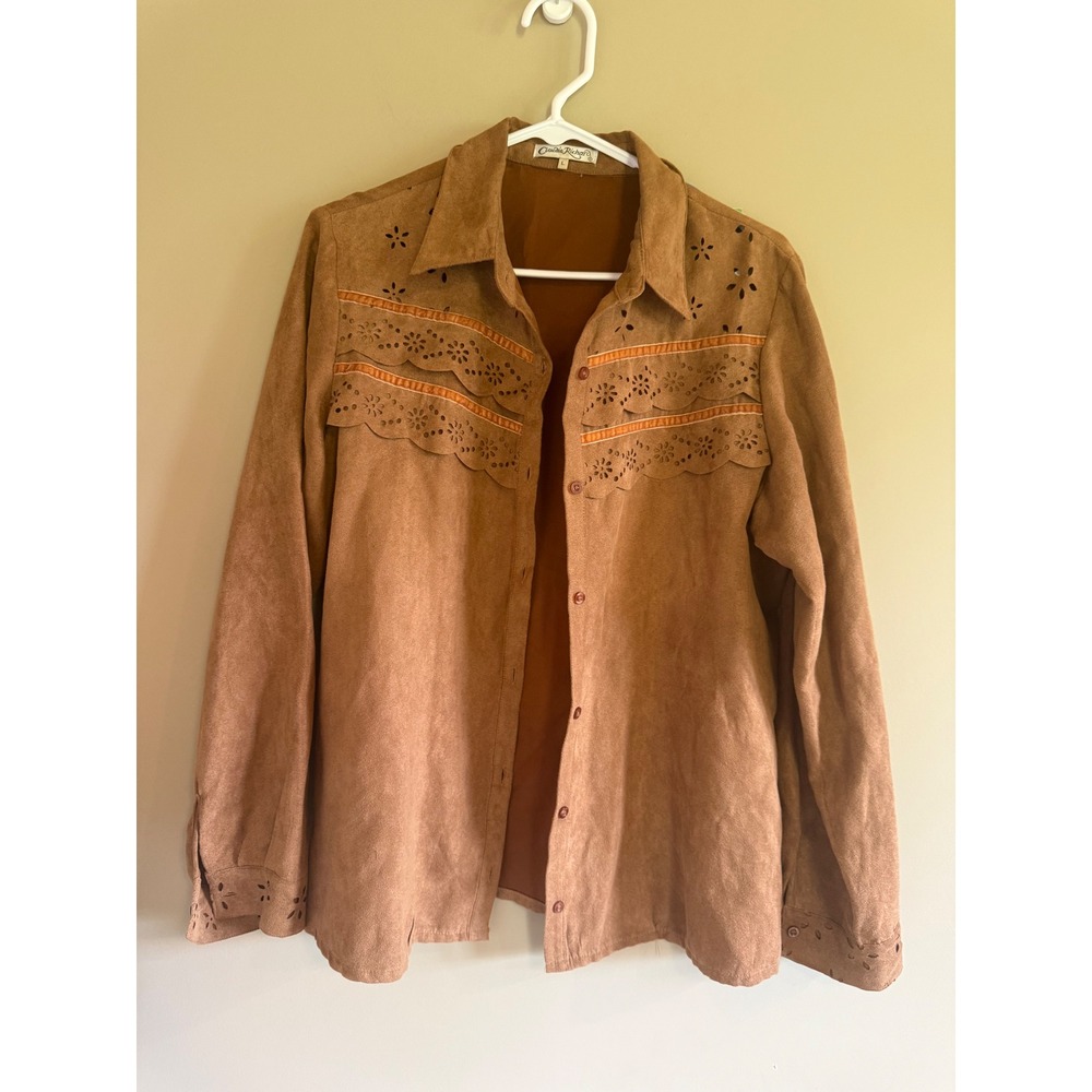 Claudia Richard Faux Suede Western Eyelet Scalloped Button Down Shirt Brown L